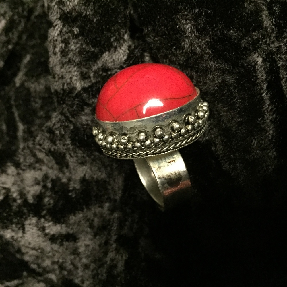 Adjustable Red Crackle and Silver Ring